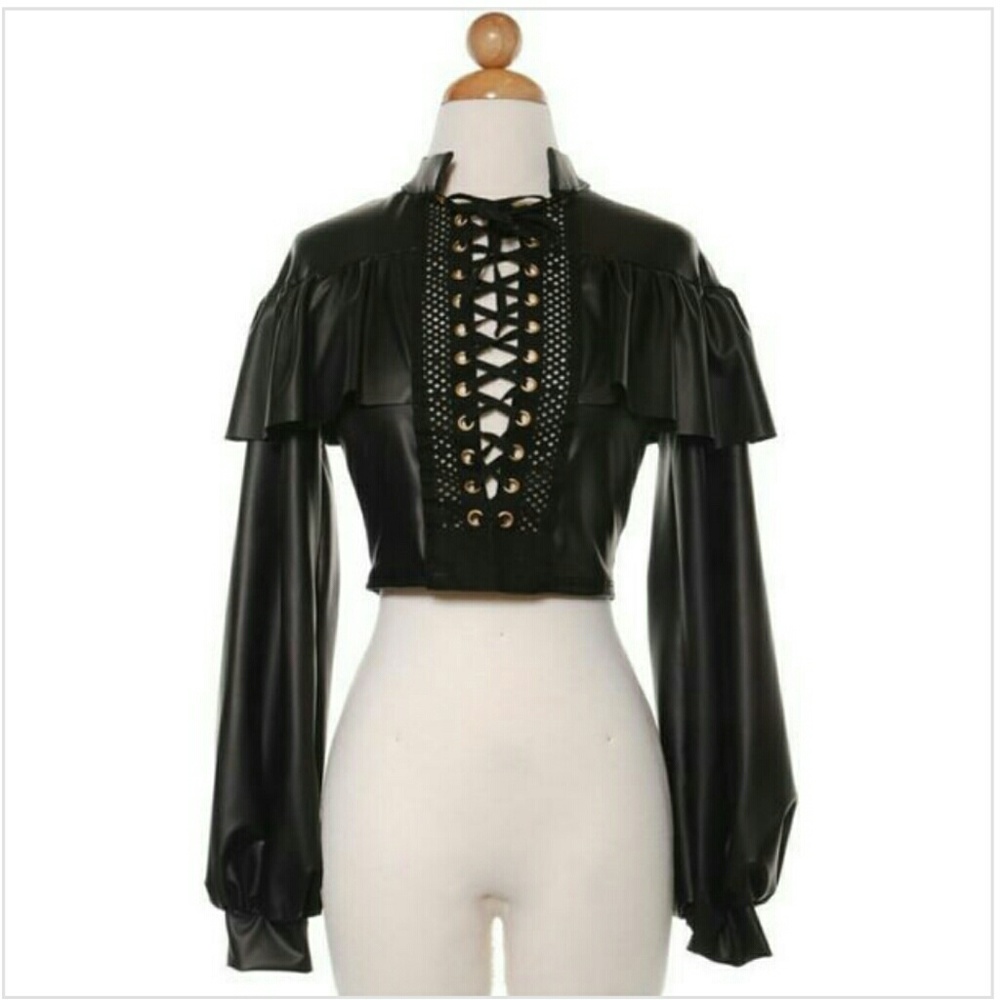 Black Faux Leather Lace Up Crop Top